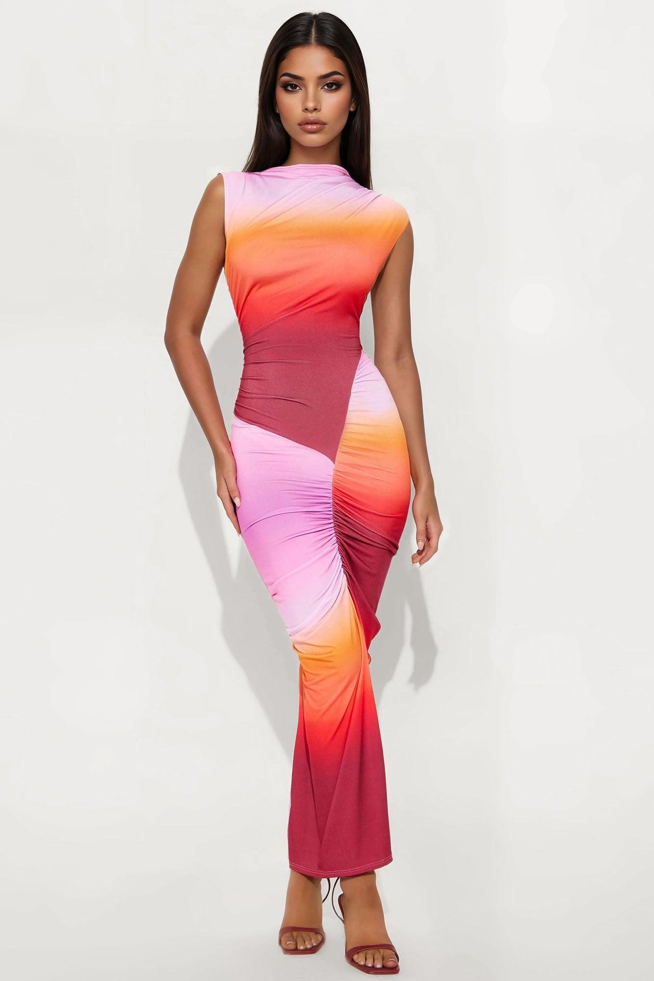 Candy Skies Ombre Asymmetrical Maxi Dress - Orange/combo Product Image