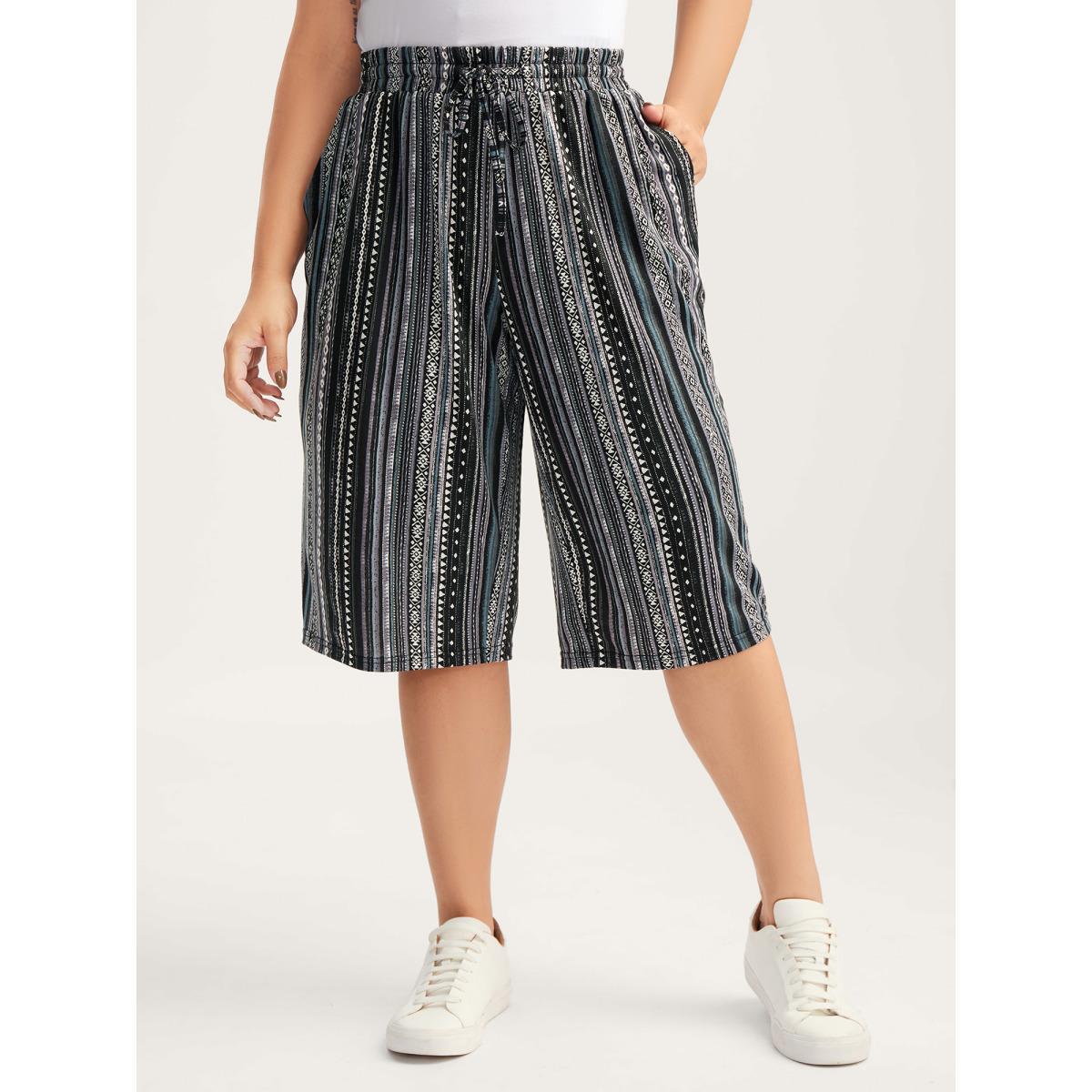 Plus Size Stretchy Boho Stripes Straight-Leg Pants Women Black Casual Straight Leg Mid Rise Everyday-Casual Pants BloomChic 18-20/2X Product Image