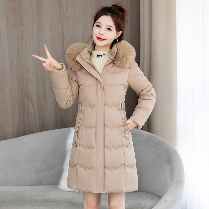 Furry Trim Hooded Zip-Up Long Parka Product Image