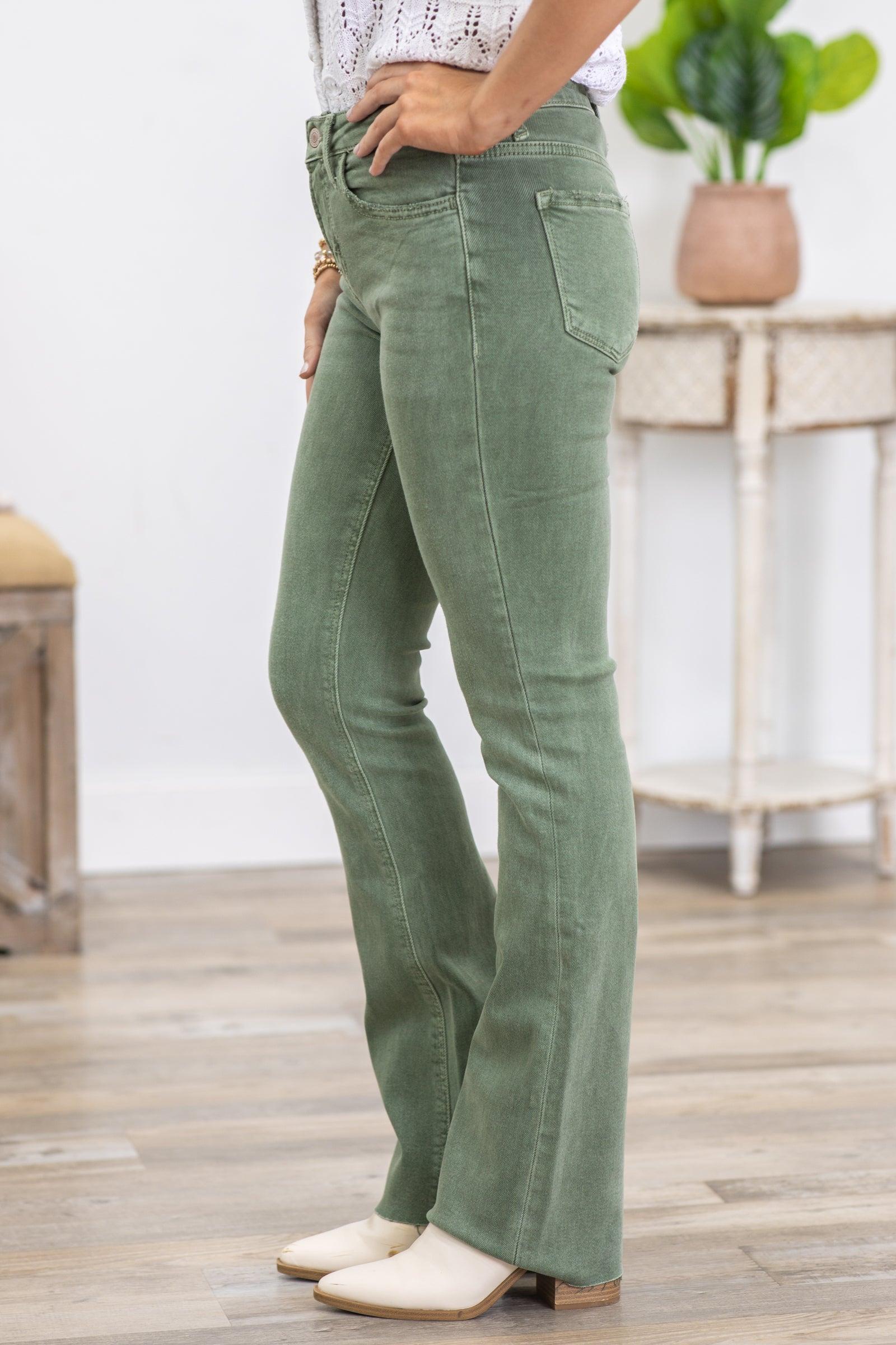 Lovervet Olive Mid Rise Raw Hem Bootcut Jeans Product Image