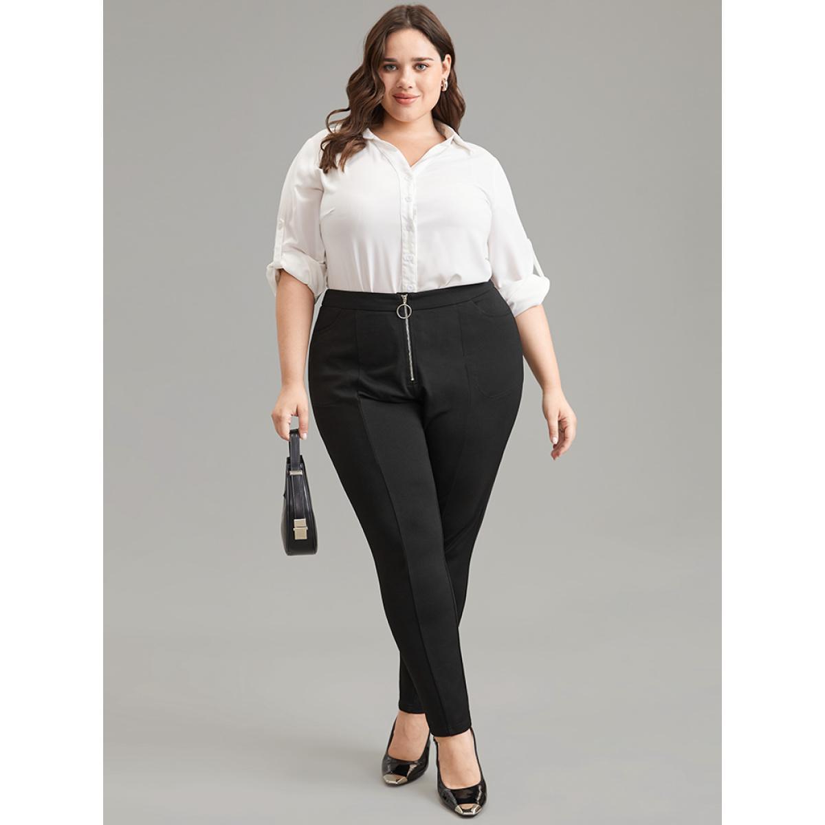 Plus Size O Ring Zipper High Rise Bodycon Pants Women Black Office Bodycon High Rise Work Pants BloomChic 22-24/3X Product Image