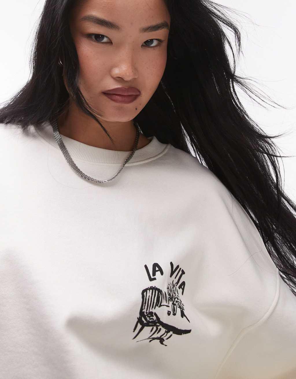 Topshop graphic la vita dolce casa oversized sweatshirt in ecru Product Image