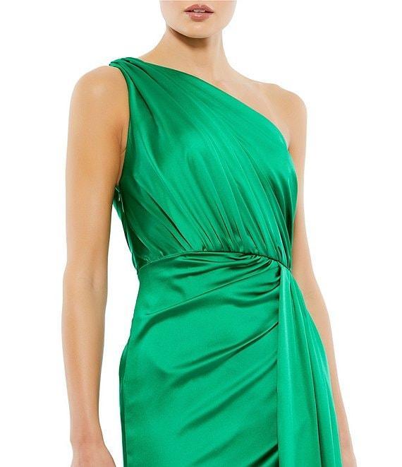 Mac Duggal Sleeveless Pleated One Shoulder Thigh High Slit Satin A-Line Gown Product Image