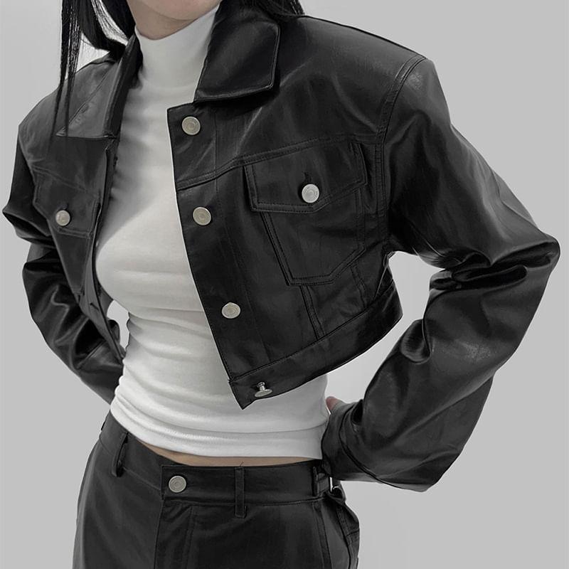 Collared Plain Button-Up Faux Leather Crop Jacket Product Image