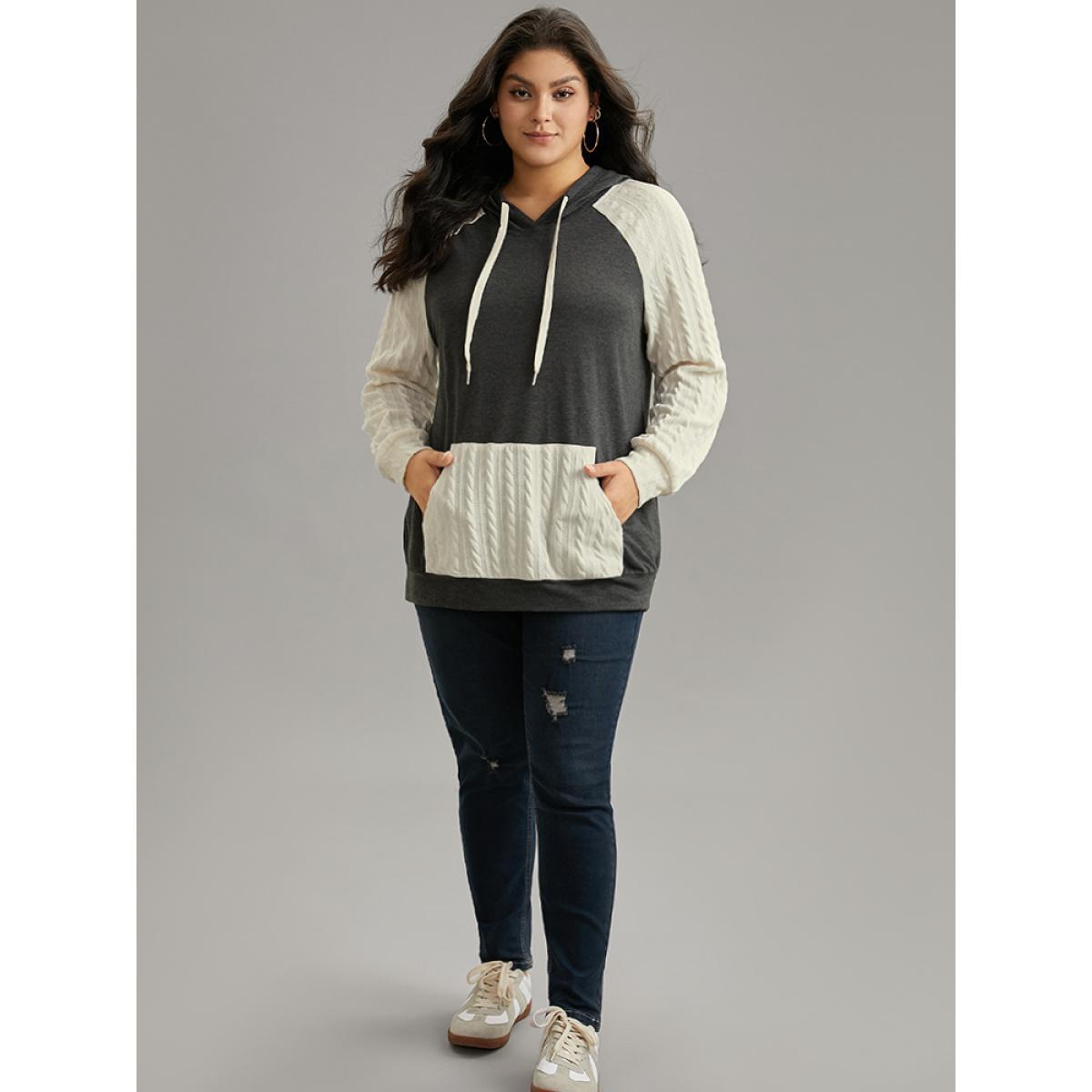 Plus Size Contrast Cable Knit Pocket Hooded Drawstring Sweatshirt Women Gray Casual Texture Hooded Everyday Sweatshirts BloomChic 22-24/3X Product Image