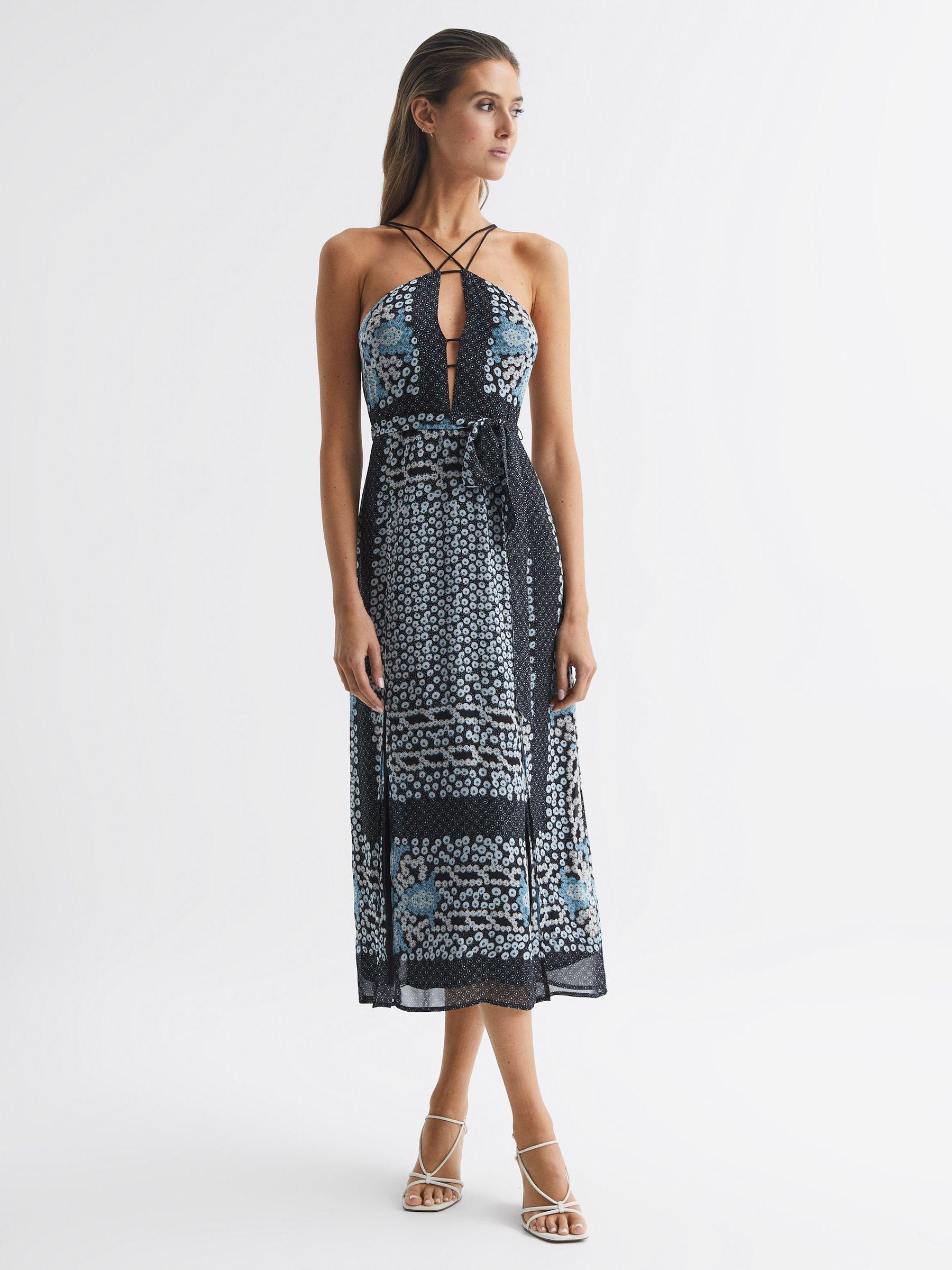 Floral Print Fitted Midi Dress in Navy/Blue Product Image