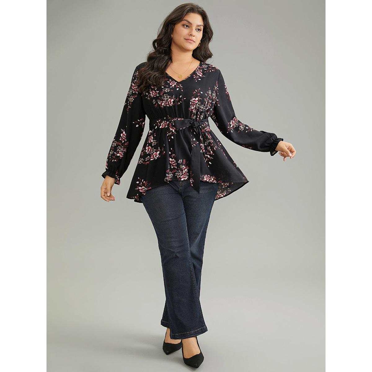 Plus Size BlackFlower Floral Elastic Waist Ruffles Ties Lantern Sleeve Blouse Women Elegant Long Sleeve V-neck Work Blouses BloomChic 18-20/2X Product Image
