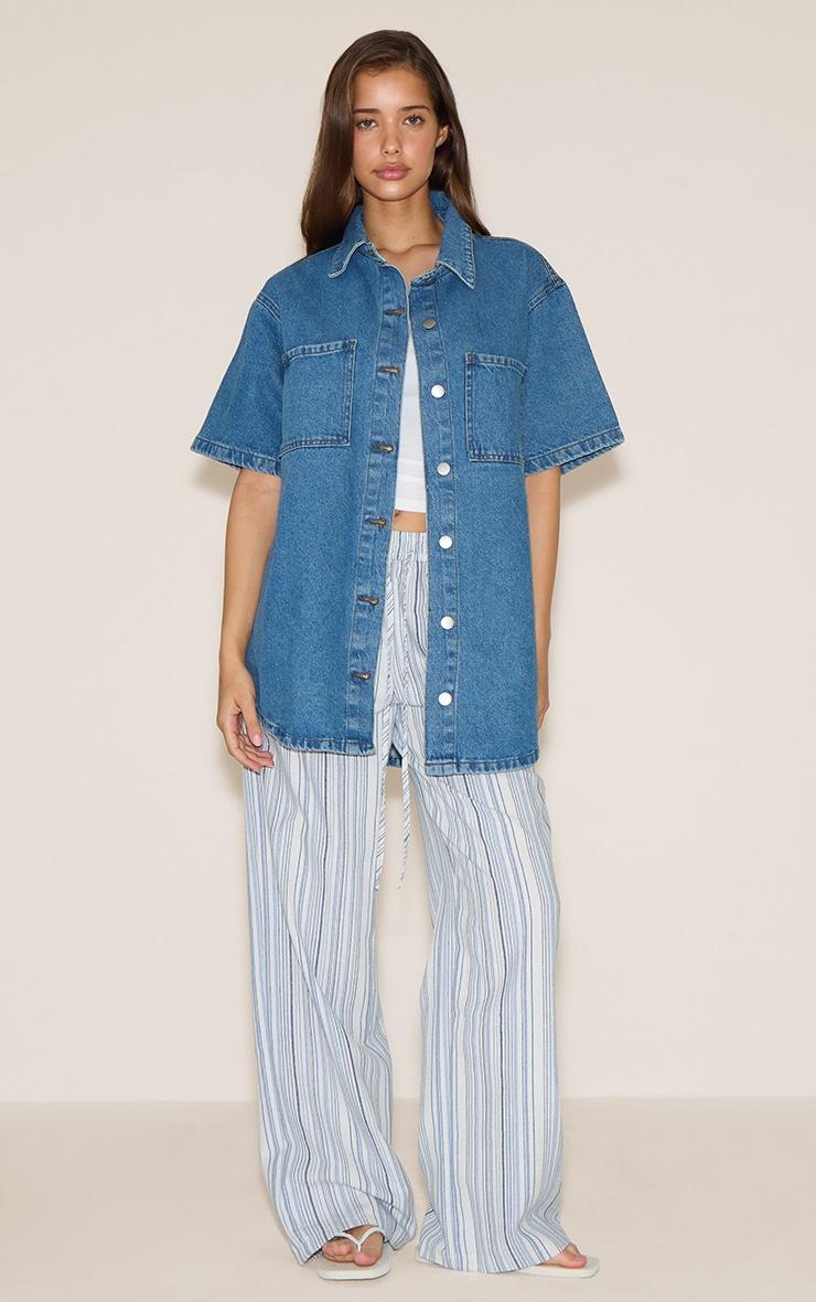 Mid Blue Wash Pocket Detail Oversized Denim Shirt  Product Image