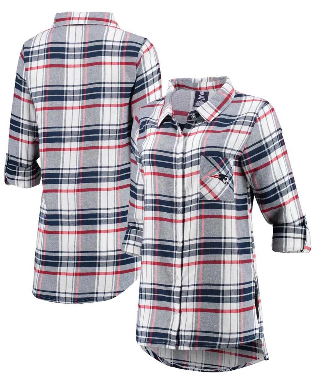 Women's Concepts Sport Navy/Red New England Patriots Accolade Flannel Long Sleeve Button-Up Nightshirt, Size: XL, Blue Product Image