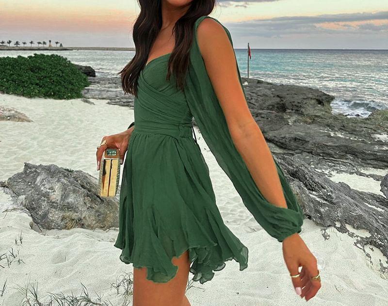Cutout Long-Sleeve V-Neck Tie-Waist Mini A-Line Dress Product Image