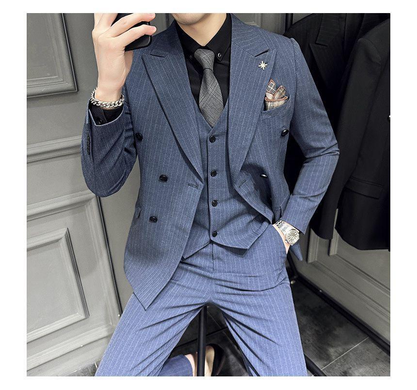 Set: Peak Lapel Striped Double-Breasted Blazer + Mid Rise Cropped Tapered Dress Pants Product Image