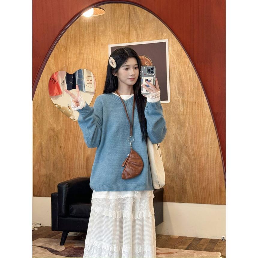 V-Neck Plain Sweater Product Image