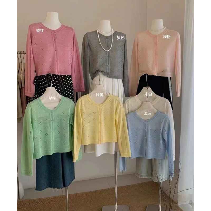 Round Neck Plain Pointelle Cardigan Product Image