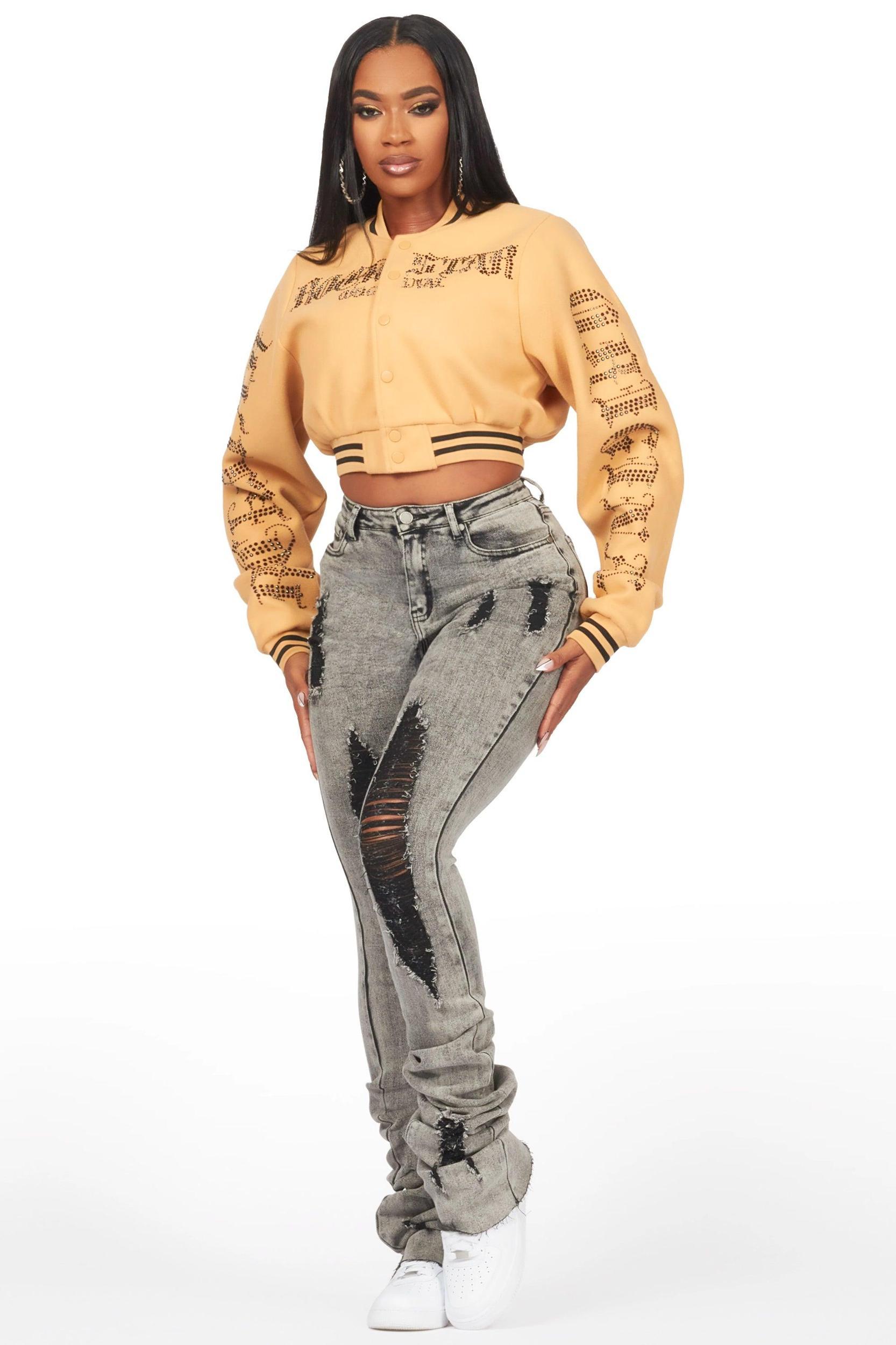 Gianni Tan Crop Rhinestone Varsity Jacket Female Product Image