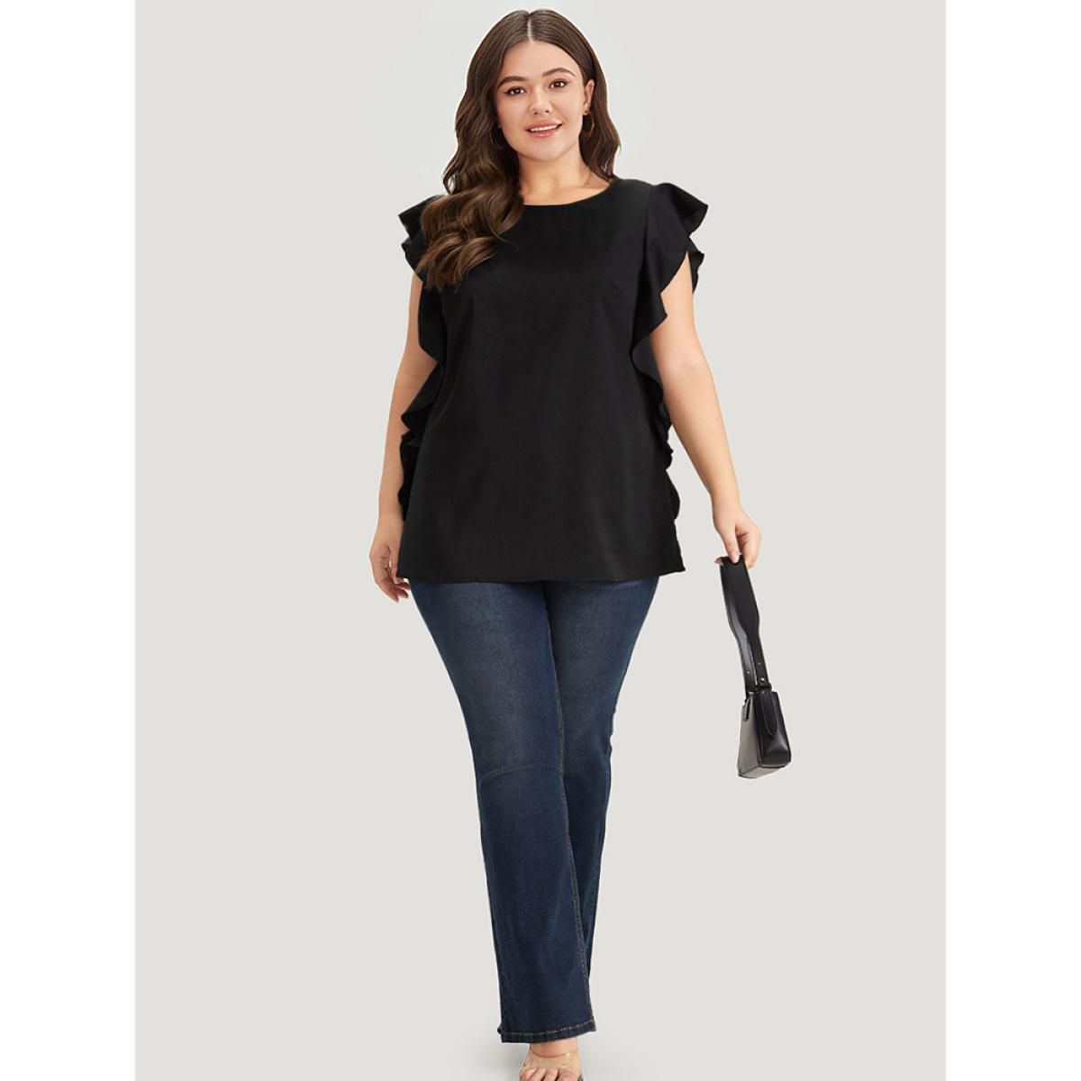 Plus Size Black Solid Crew Neck Ruffle Trim Blouse Women Office Cap Sleeve Round Neck Work Blouses BloomChic 30/6X Product Image
