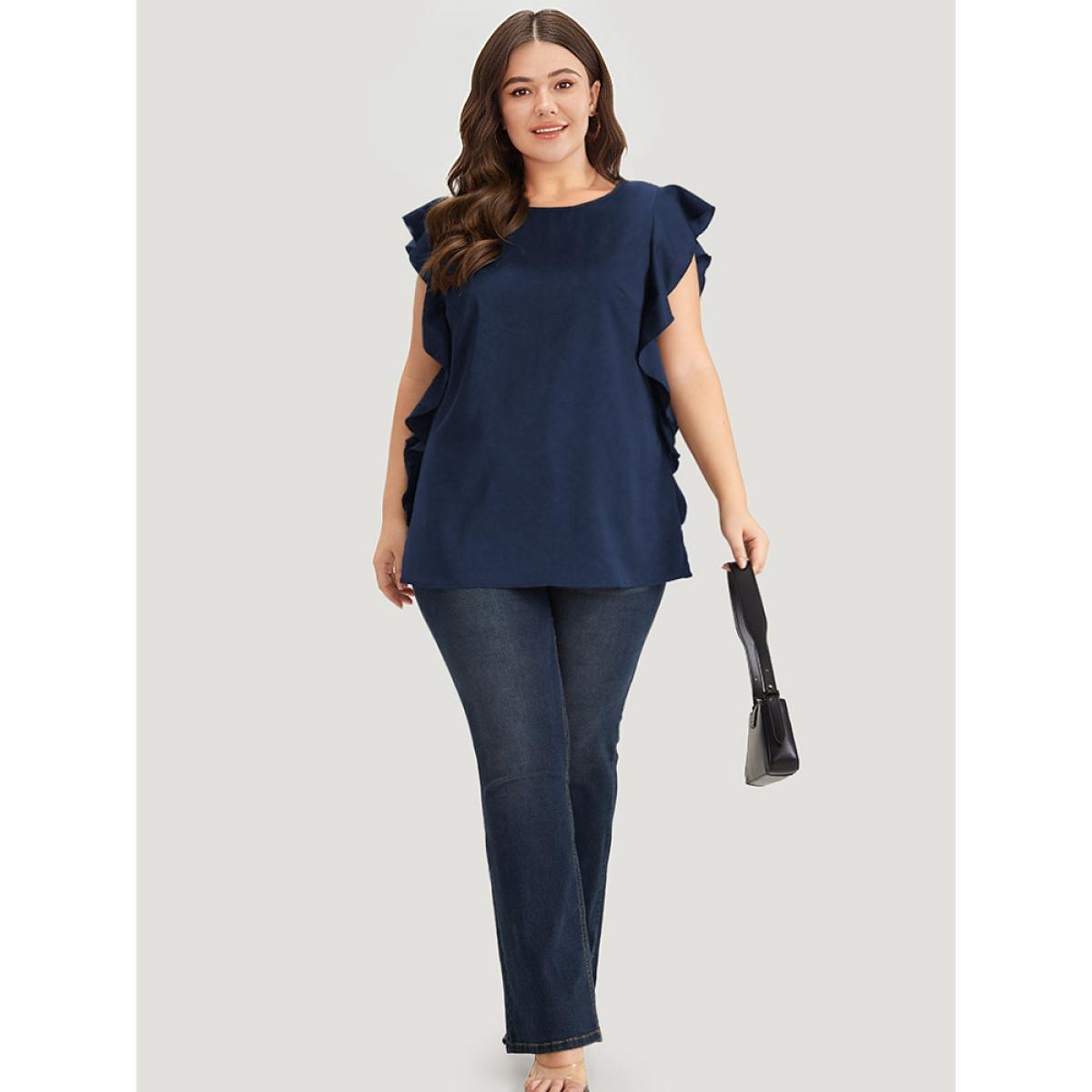 Plus Size Indigo Solid Crew Neck Ruffle Trim Blouse Women Office Cap Sleeve Round Neck Work Blouses BloomChic 28/5X Product Image