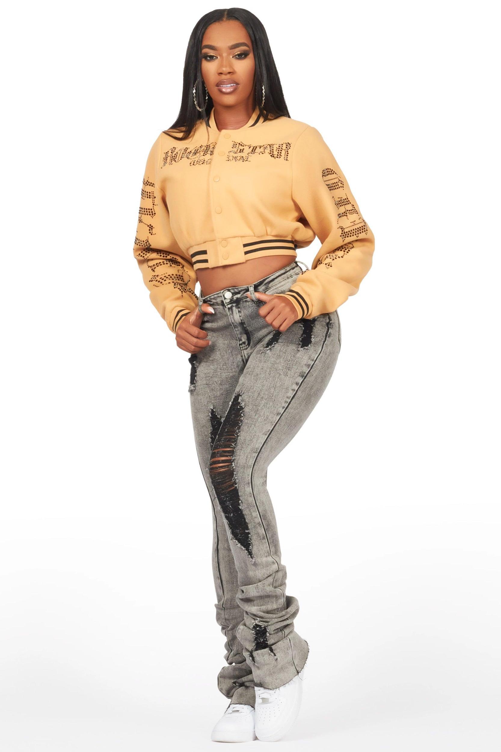 Gianni Tan Crop Rhinestone Varsity Jacket Female Product Image