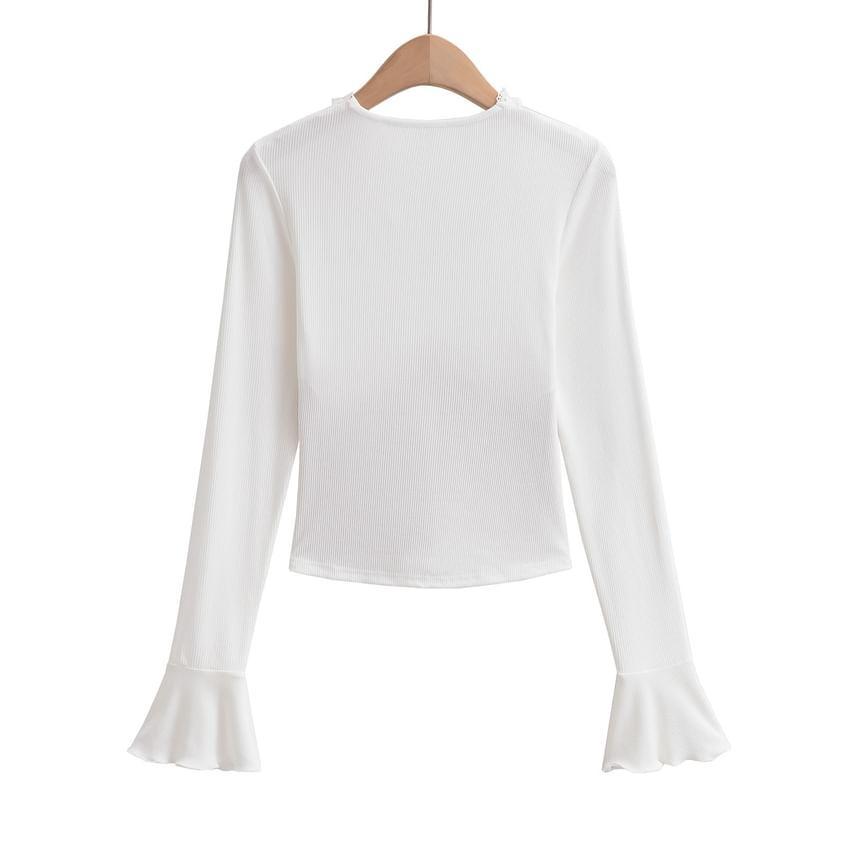 Long-Sleeve Lace Panel Ruched Tie Front Slim Fit Crop Top Product Image