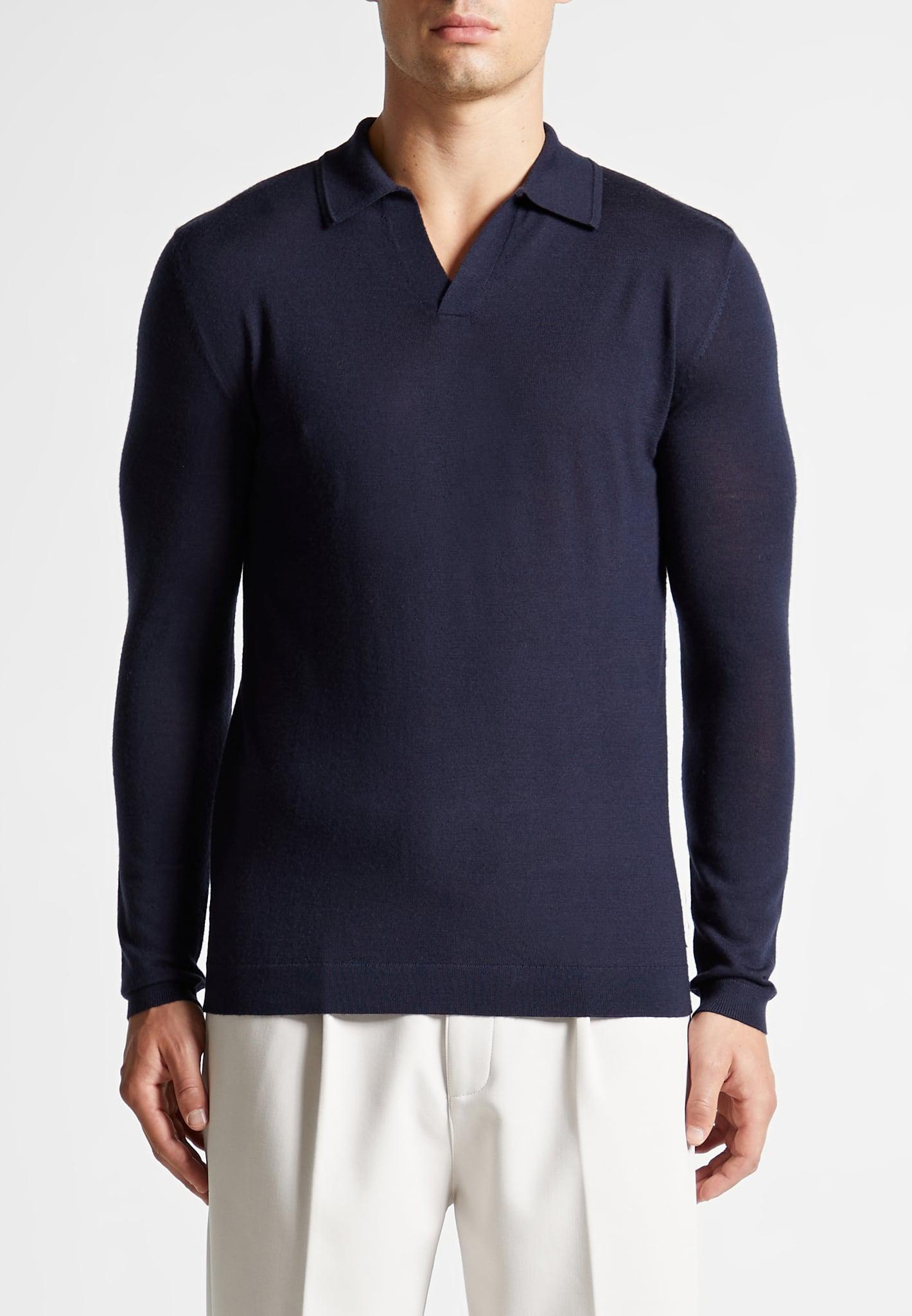 Merino Wool Long Sleeve Revere Polo Shirt - Navy Male Product Image