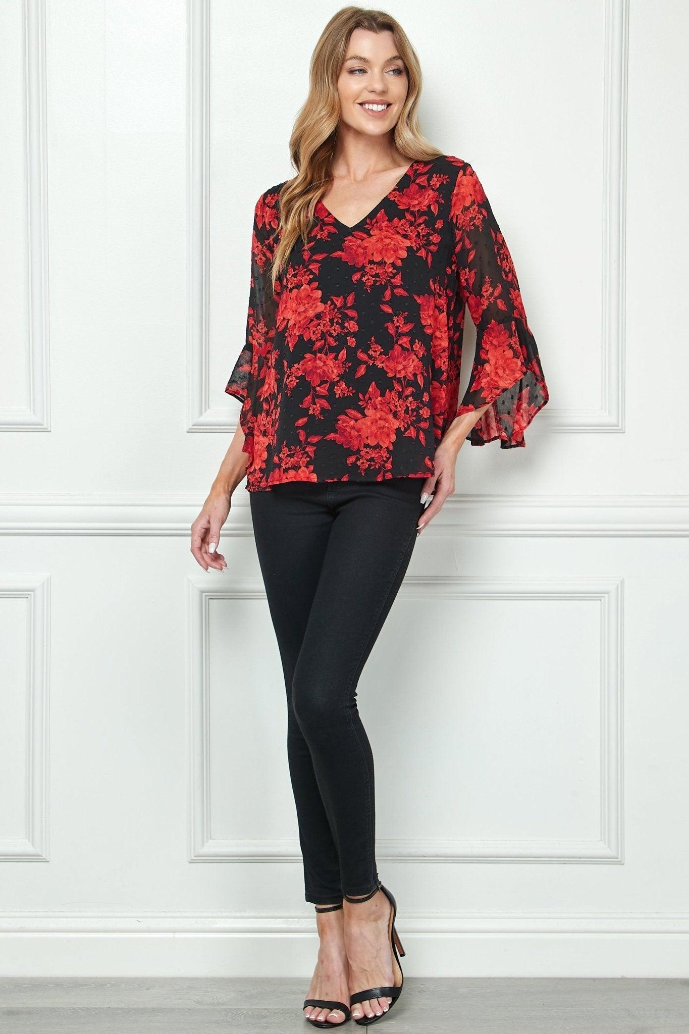 3/4 Quarter Ruffle Sleeve V-Neck Swing Blouse, Black/Wine/Red Product Image