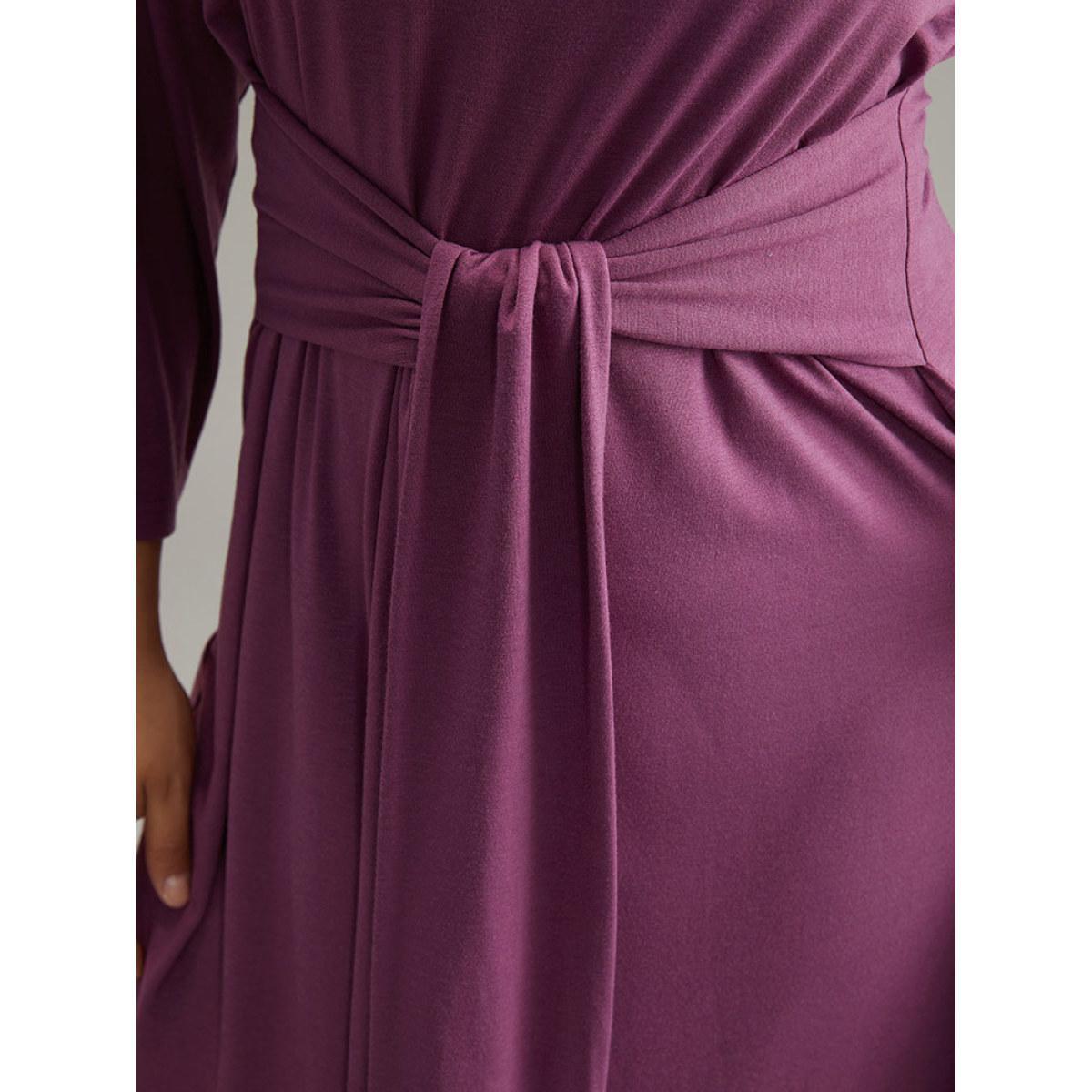 Plus Size Solid Ties Knot Round Neck Dress Mauve Women Basics Plain Round Neck Long Sleeve Curvy Midi Dress BloomChic 30/6X Product Image
