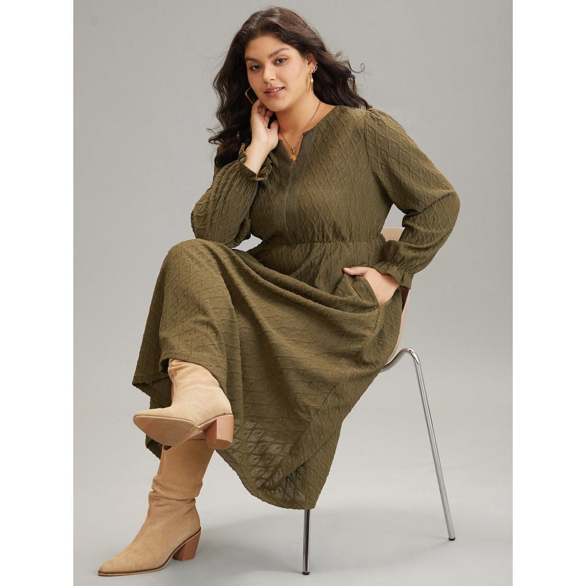 Plus Size Textured Jacquard Notched Ruffle Sleeve Dress DarkBrown Women At the Office Texture Notched collar Long Sleeve Curvy Midi Dress BloomChic 28/5X Product Image