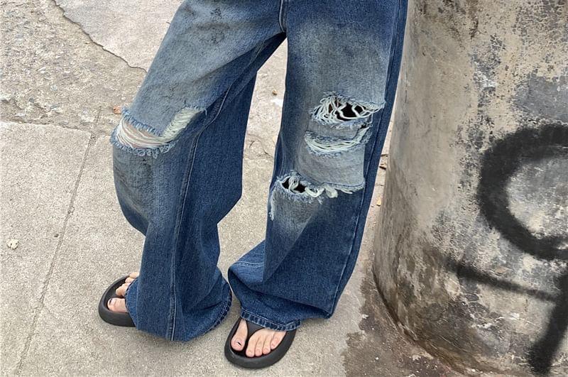 High Waist Washed Distressed Wide Leg Jeans Product Image