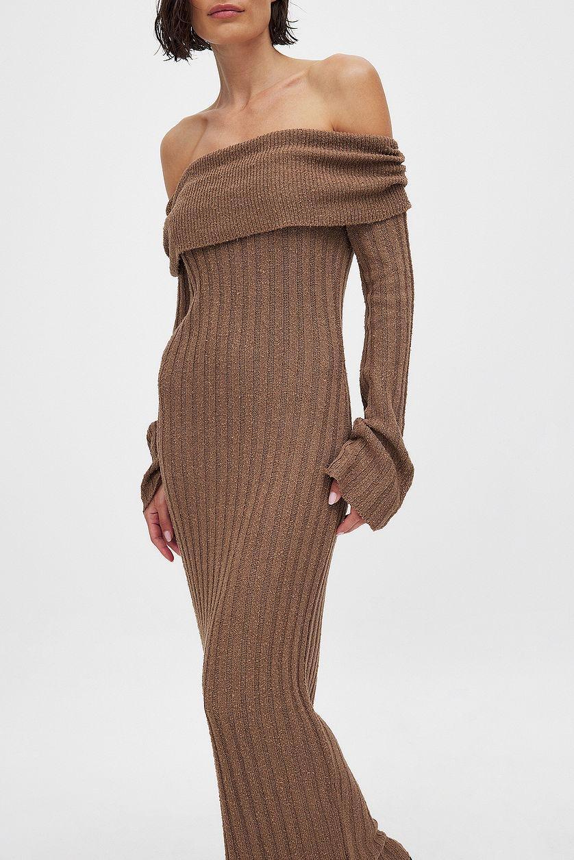 Knitted Offshoulder Midi Dress Brown Product Image