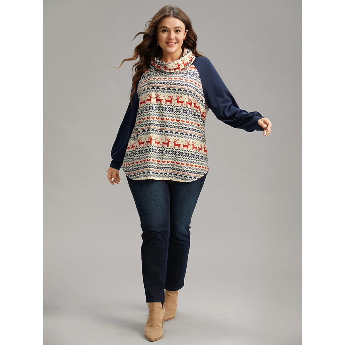 Plus Size Christmas Graphic Turtle Neck Raglan Sleeve Sweatshirt Women Navy Casual Contrast Turtleneck Festival-Christmas Sweatshirts BloomChic 26/4X Product Image