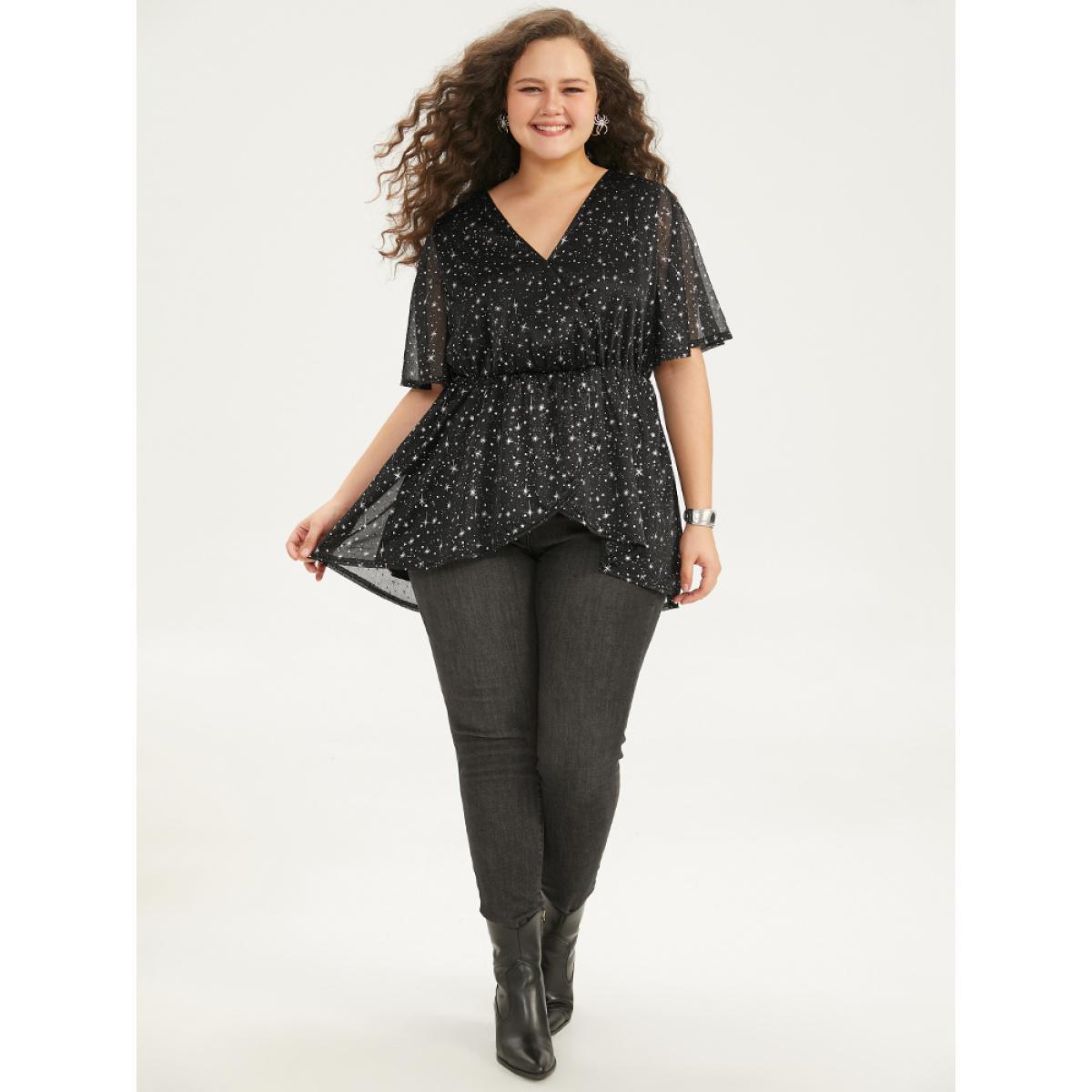 Plus Size Black Halloween Star Glitter Wrap Mesh Flutter Sleeve Blouse Women Elegant Short sleeve V-neck Festival-Halloween Blouses BloomChic 18-20/2X Product Image
