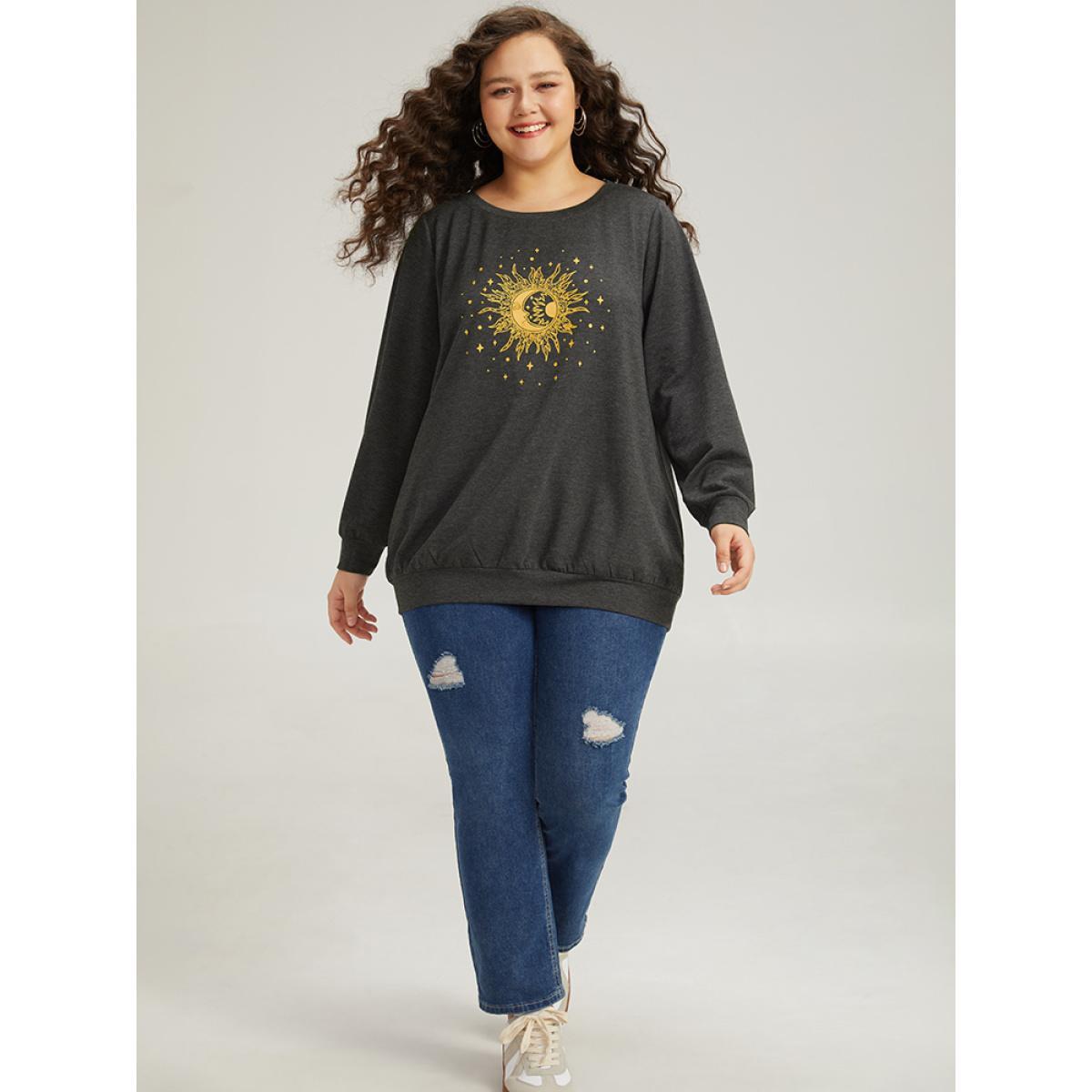 Plus Size Moon and Star Print Crew Neck Elastic Cuffs Sweatshirt Women Gray Casual Elastic cuffs Dailywear Sweatshirts BloomChic 22-24/3X Product Image