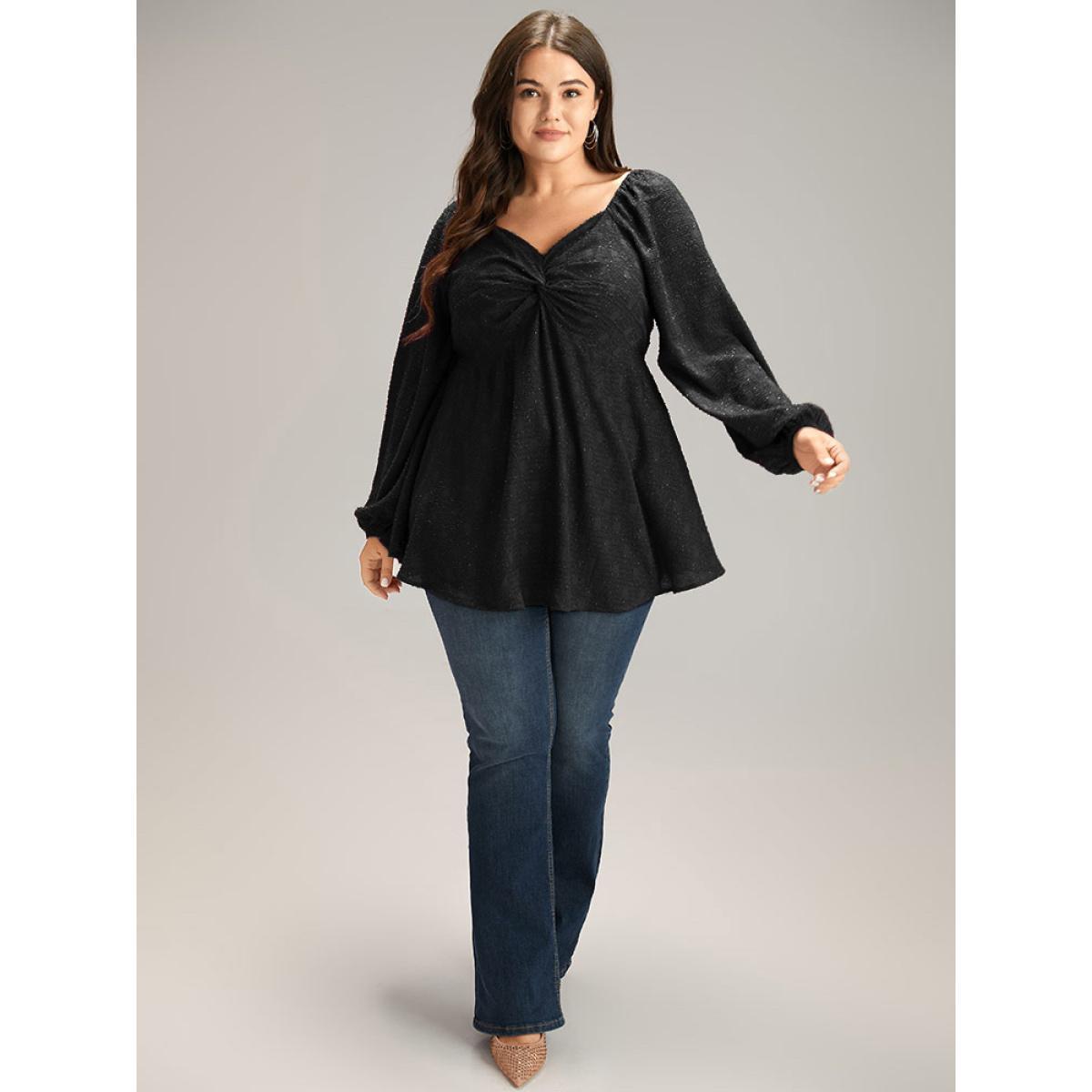 Plus Size DarkGreen Solid Glitter Twist Front Gathered Blouse Women Cocktail Long Sleeve V-neck Party Blouses BloomChic 18-20/2X Product Image
