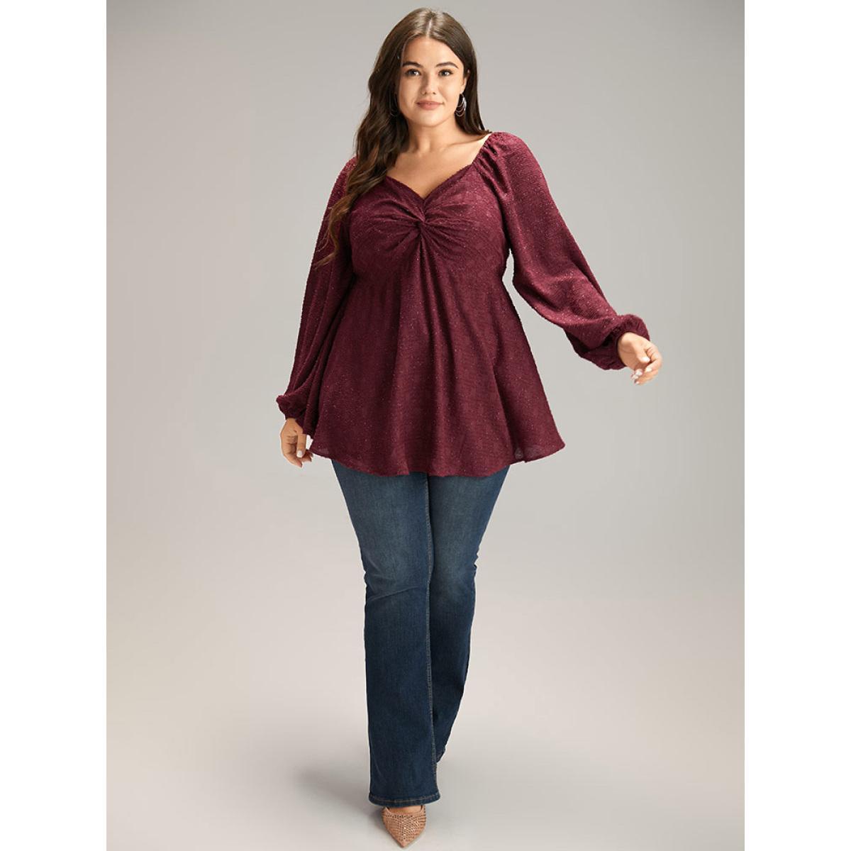 Plus Size DarkGreen Solid Glitter Twist Front Gathered Blouse Women Cocktail Long Sleeve V-neck Party Blouses BloomChic 18-20/2X Product Image
