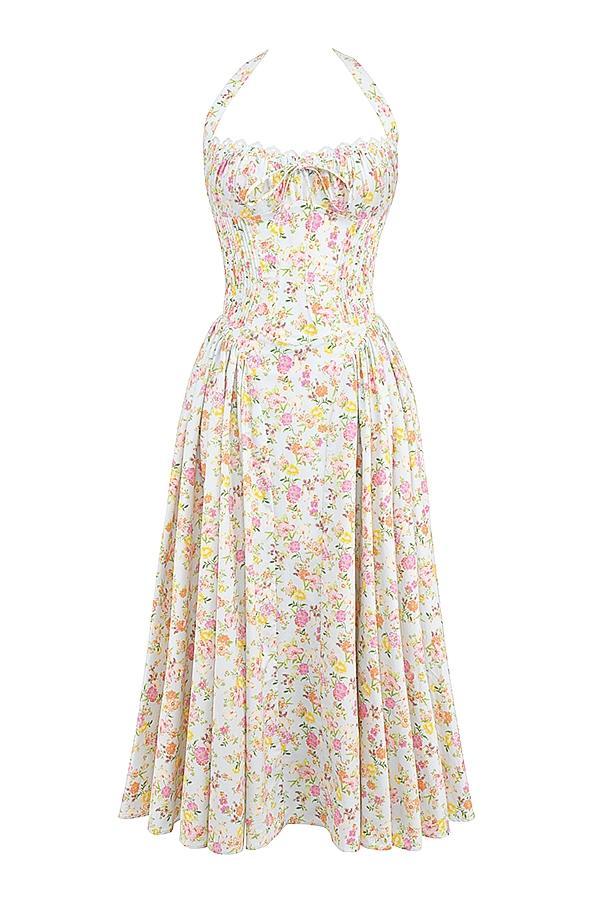 Adabella Pale Blue Meadow Print Cotton Halter Sundress Product Image