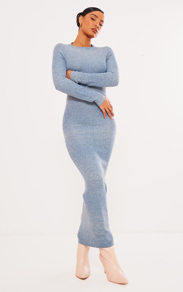 Blue Marl Knit Long Sleeve Open Back Maxi Dress Product Image