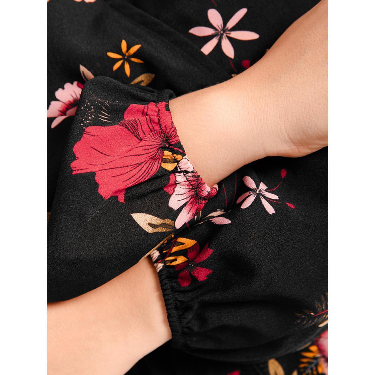 Plus Size Floral Ruffle Lantern Sleeve Pocket Belted Asymmetrical Hem Dress Black Women Elegant Cross straps V-neck Long Sleeve Curvy Long Dress BloomChic 28/5X Product Image