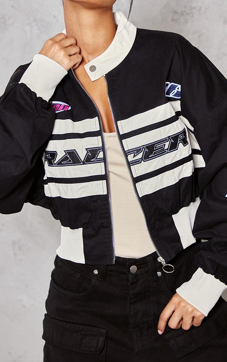 Black Contrast Stripe Peach Skin Ribbed Hem Racer Jacket Product Image