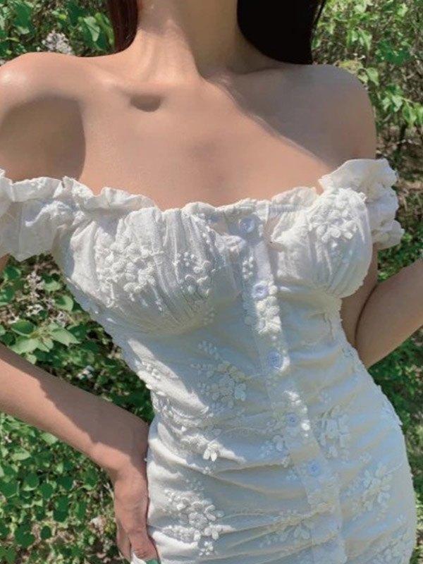 Buttoned Floral Jacquard Puff Sleeve Mini Dress Product Image