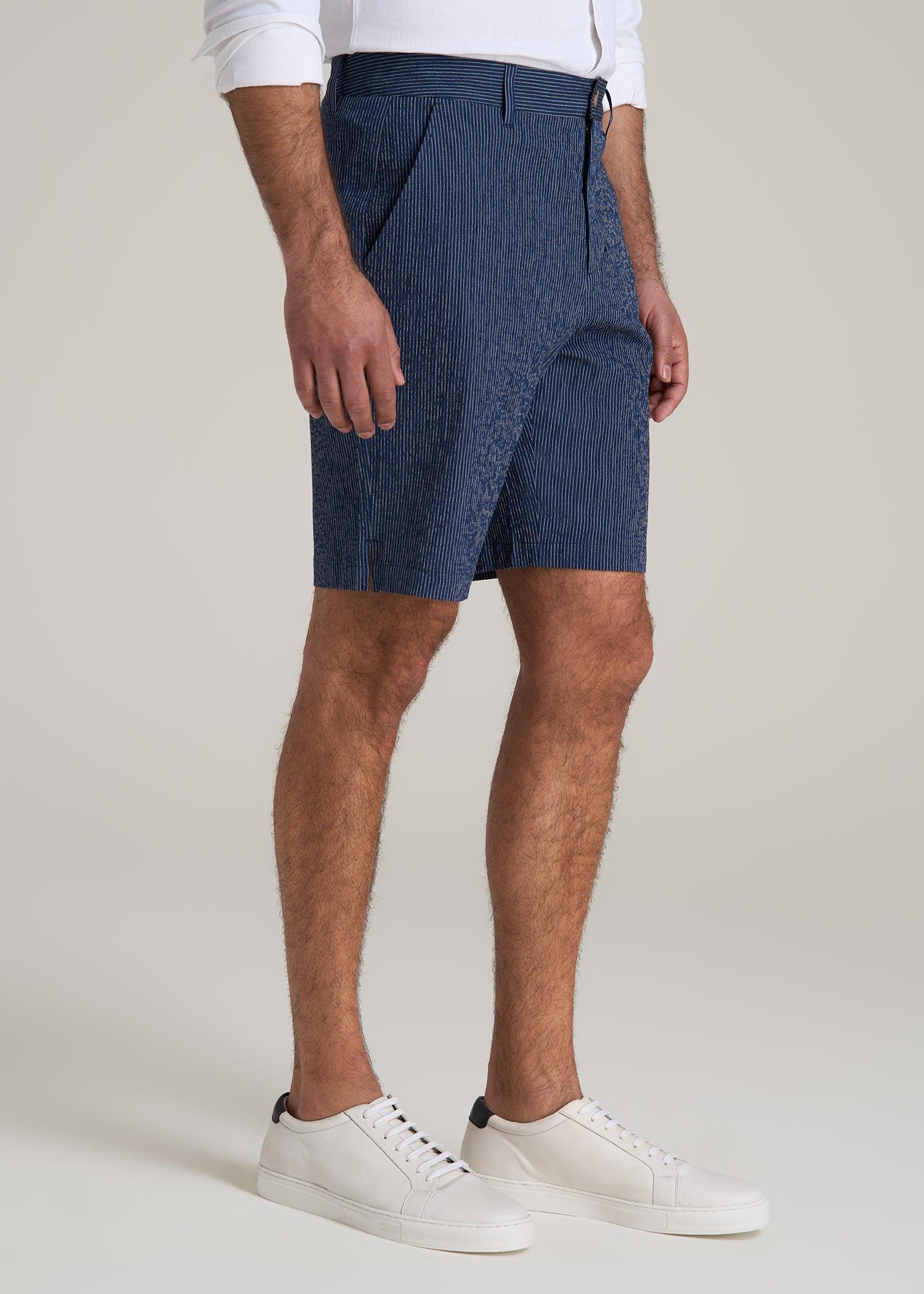 Seersucker Shorts for Tall Men in Navy and Off White Stripe Product Image