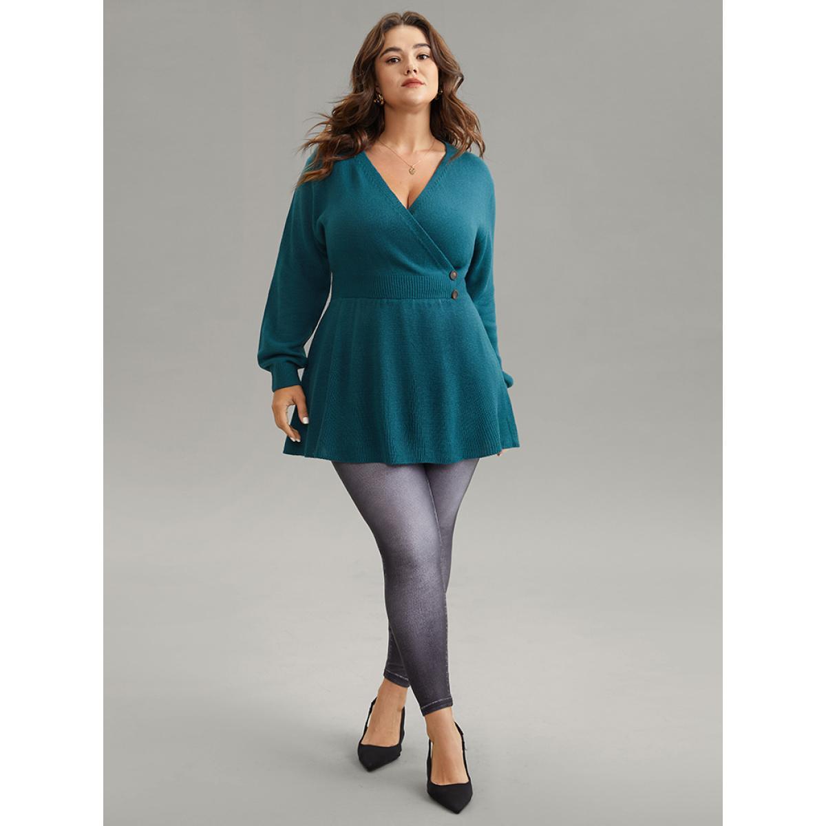 Plus Size Plain V Neck Button Detail Knit Pullover Teal Women Casual Loose Long Sleeve V-neck Dailywear Pullovers BloomChic 10/M Product Image