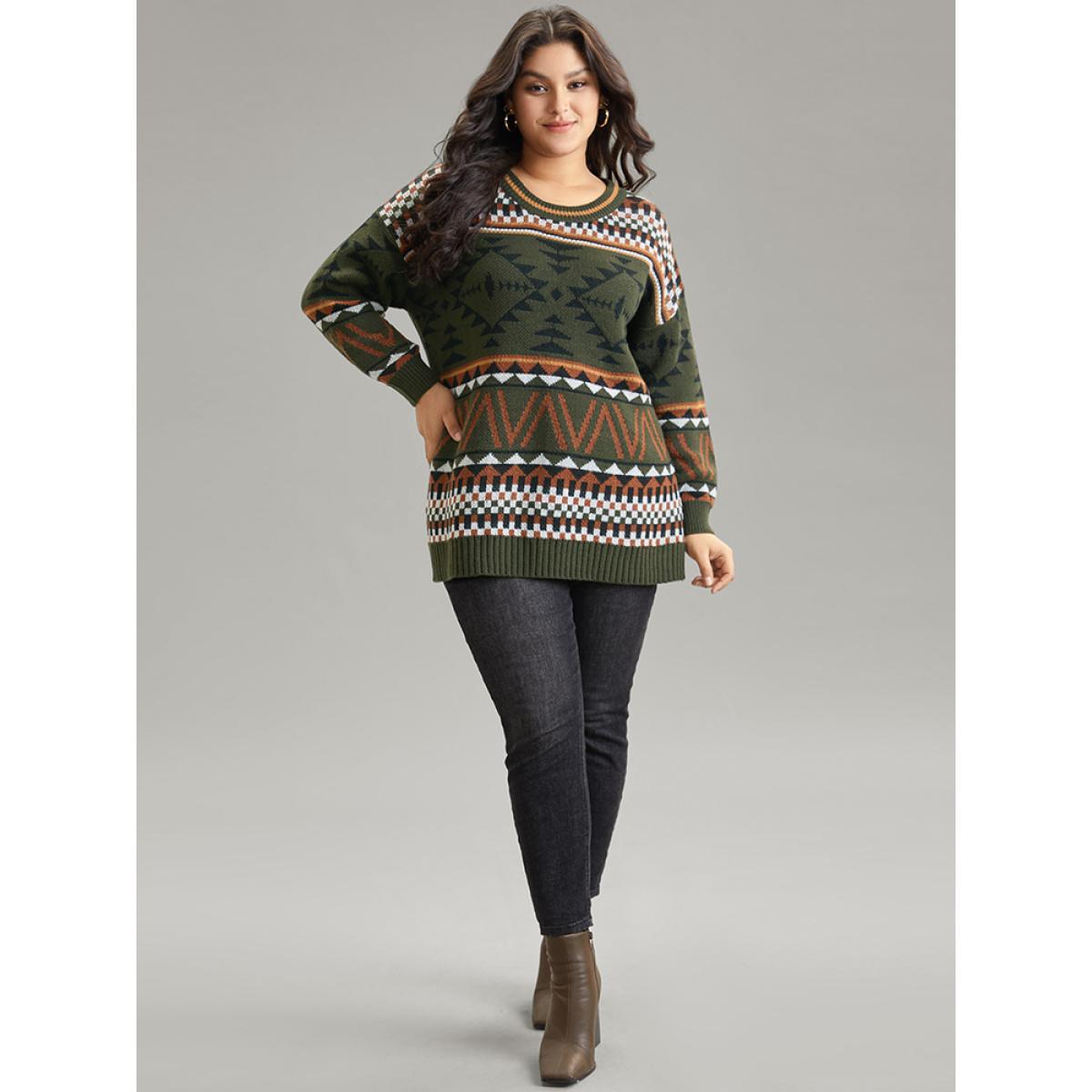 Plus Size Geometric Contrast Crew Neck Drop Shoulder Pullover DarkGreen Women Casual Loose Long Sleeve V-neck Everyday Pullovers BloomChic 26/4X Product Image