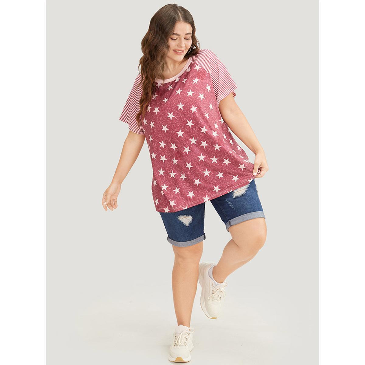 Plus Size Star Patchwork Striped Raglan Sleeve T-shirt Russet Women Casual Moon and Star Round Neck Dailywear T-shirts BloomChic 18-20/2X Product Image