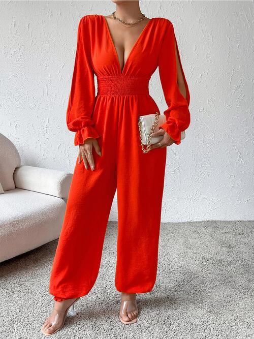 Plunge Smocked Flounce Sleeve Jumpsuit Product Image
