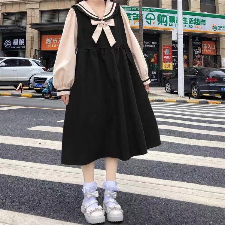 Puff-Sleeve Collar Bow Two Tone Midi Smock Dress Product Image
