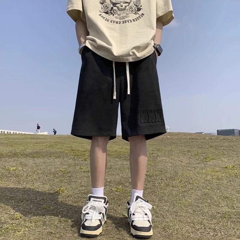 Drawstring Waist Lettering Embossed Faux Suede Wide Leg Sweat Shorts Product Image