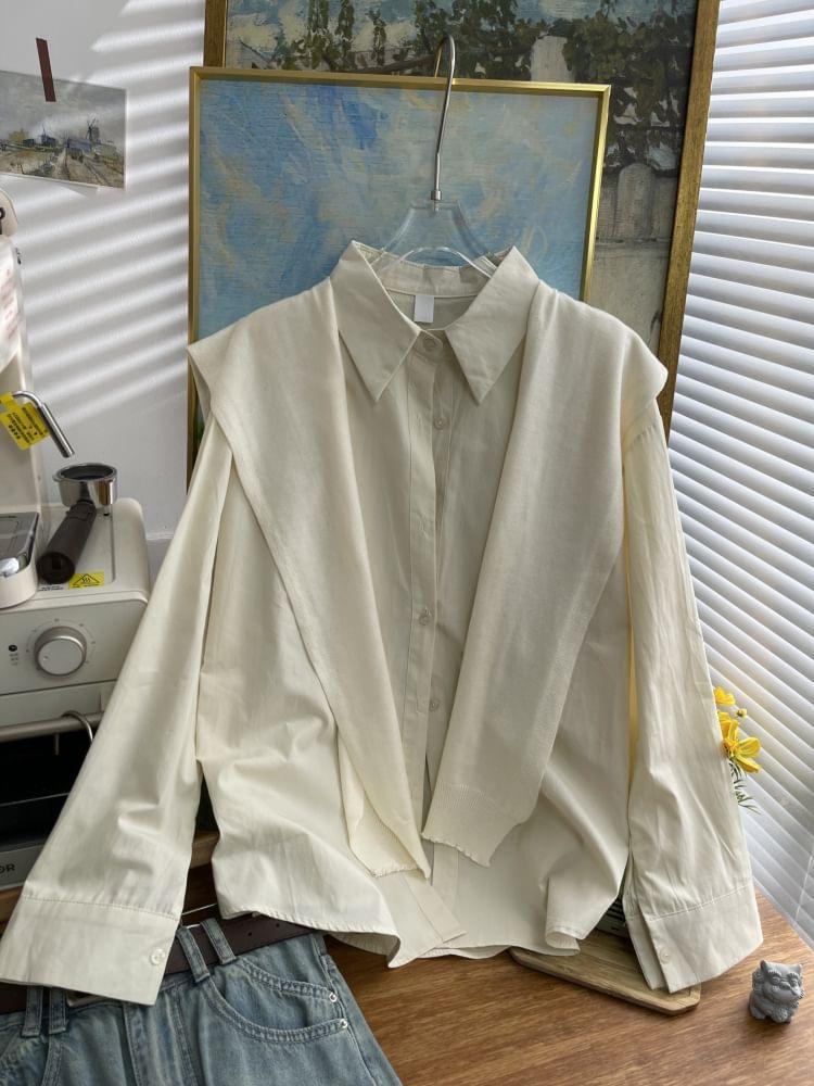 Set: Long-Sleeve Plain Button-Up Shirt + Shawl Product Image