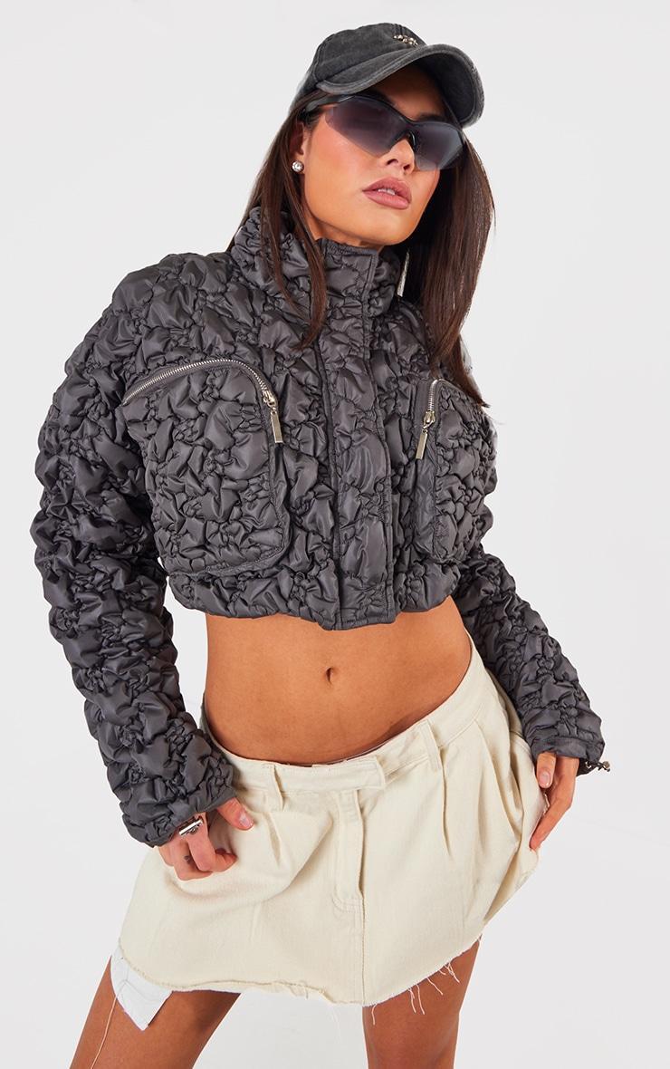 Stone Cropped Peach Skin Bubble Puffer Jacke Product Image
