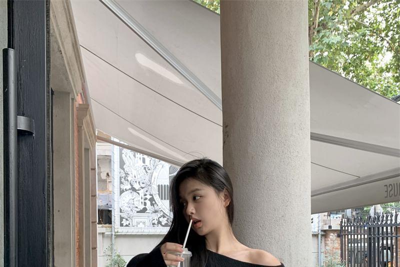 Off Shoulder Plain Ribbed Knit Oversized Sweater Product Image