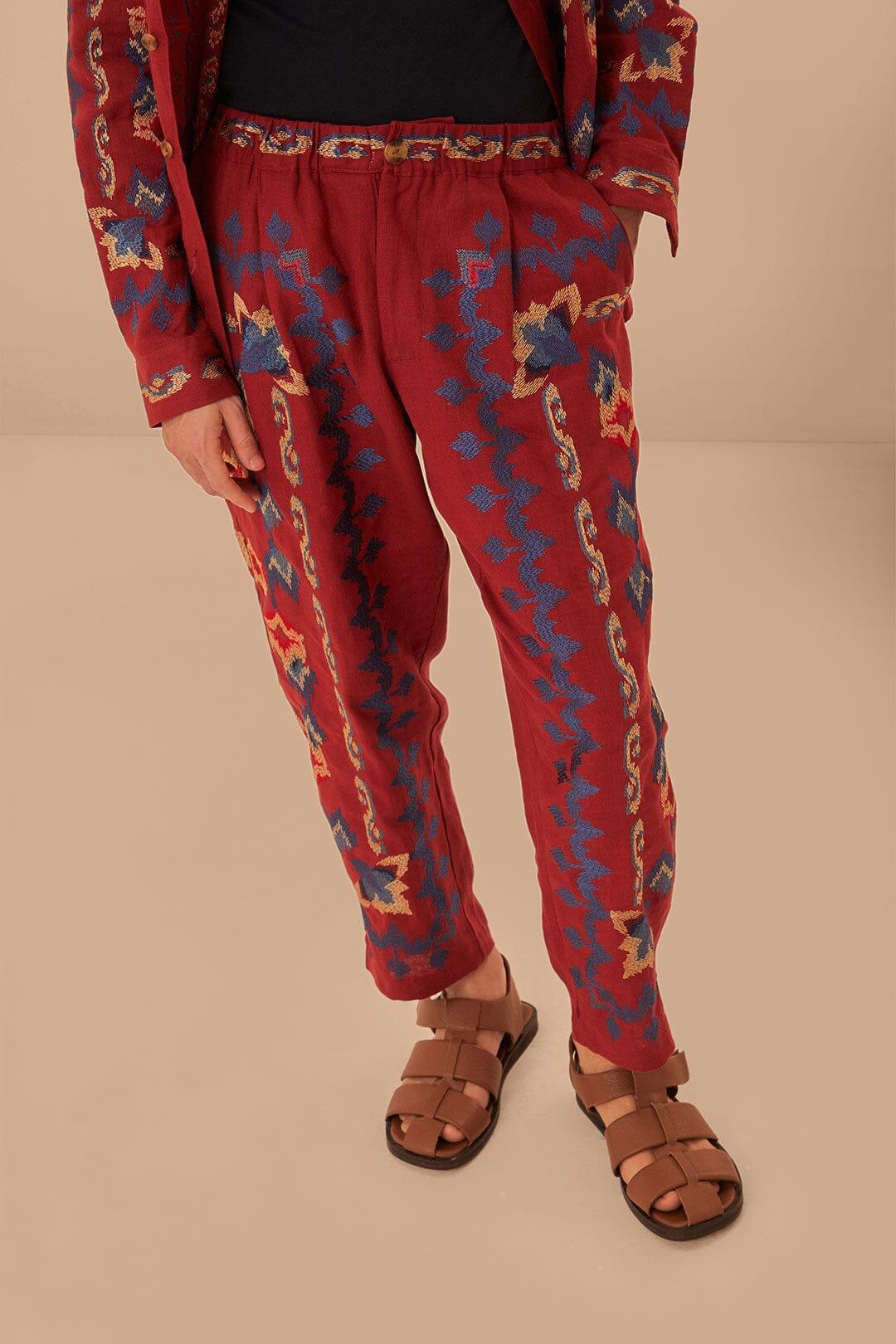 Red Floral Embroidery Jacquard Pants, BURGUNDY / XXS Product Image