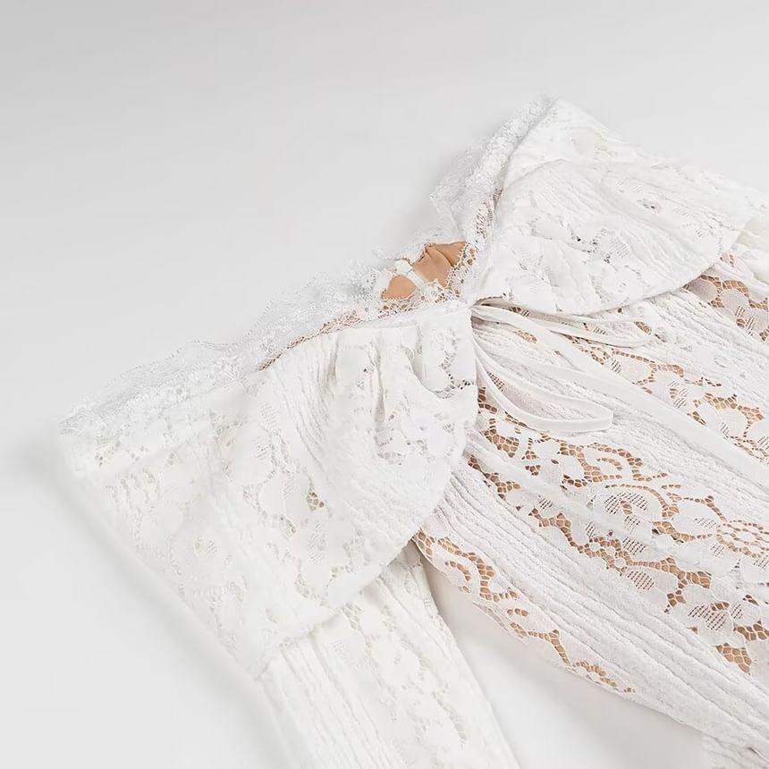 Off-The-Shoulder Long Sleeve Floral Lace Maxi Mermaid Dress Product Image